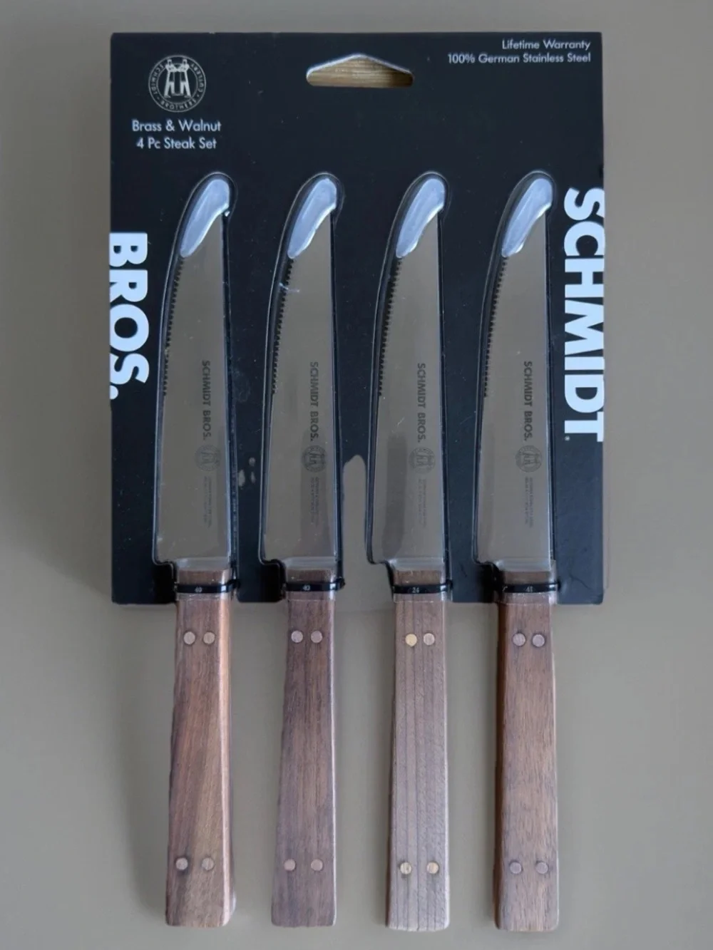 Schmidt Brothers German Stainless Steel Steak Knives 4 Piece Set Walnut Brass